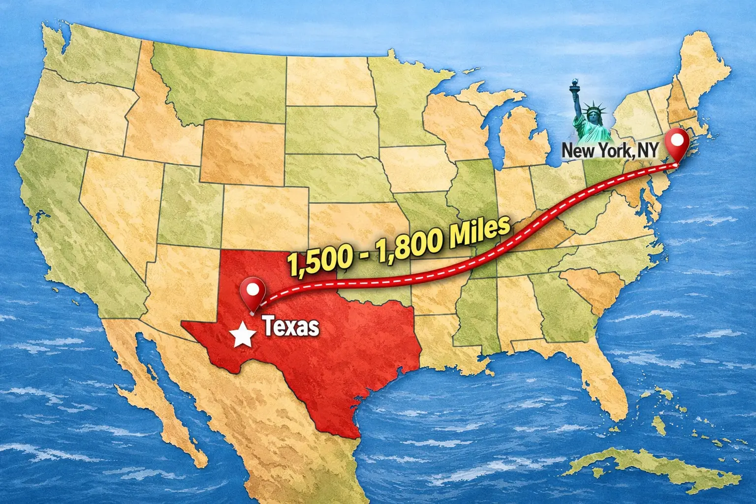 US map showing car shipping route from New York to Texas with distance of 1,500–1,800 miles